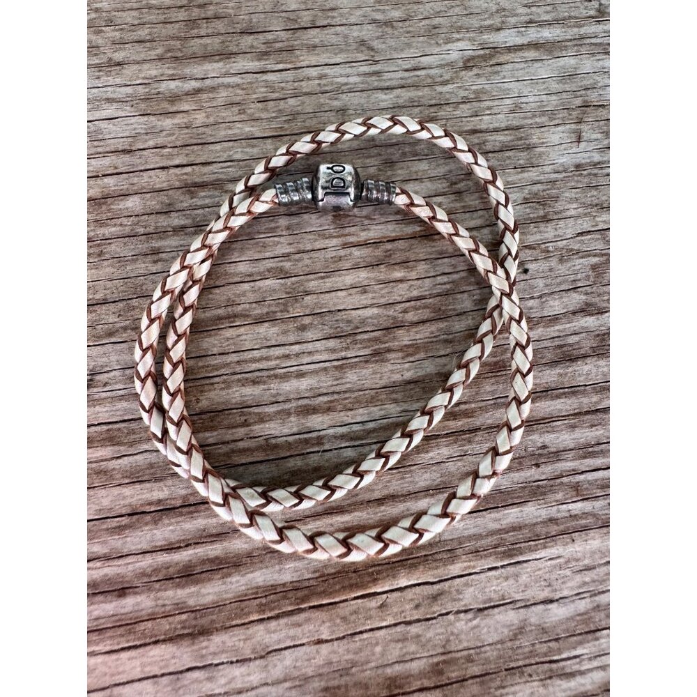 Pandora Braided Leather Double Wrap Bracelet Sterling Silver Clasp Cream Brown